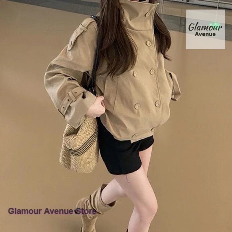 Französisch-britischer, doppelreihiger Khaki-Trenchcoat für Damen, Herbst und Winter, Maillard-Stil, hochwertiger, lockerer Freizeitmantel