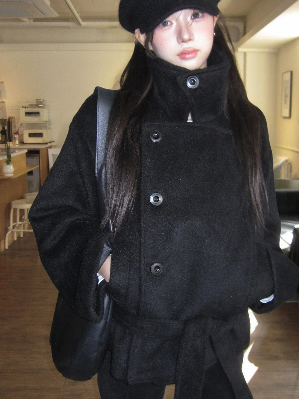 Manteau Femme Col Montant Style Rétro Japonais – Veste Laine Longue Ceinturée