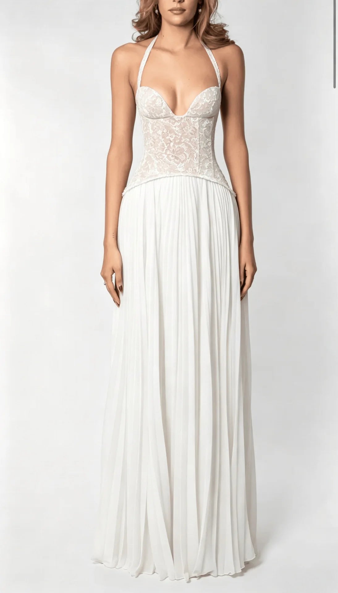 Robe Longue Élégante Femme – Col Halter, Corset & Plissé | Soirée & Mariage Été 2026
