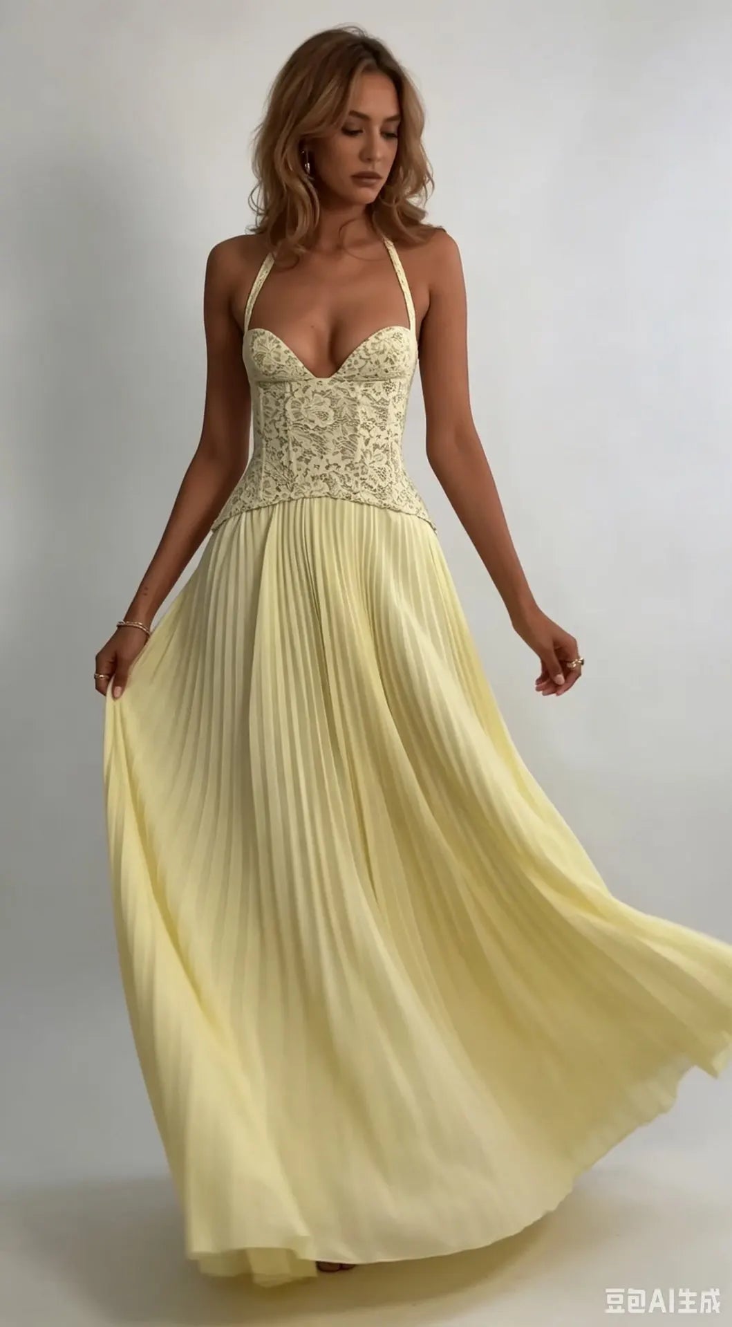 Robe Longue Élégante Femme – Col Halter, Corset & Plissé | Soirée & Mariage Été 2026
