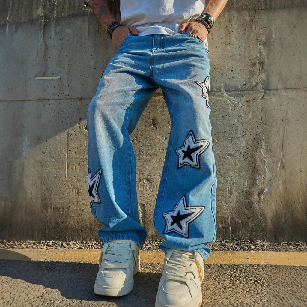Jean Droit Loose Homme Casual Tendance Denim Stretch Gris & Bleu Washed | XS-XXL