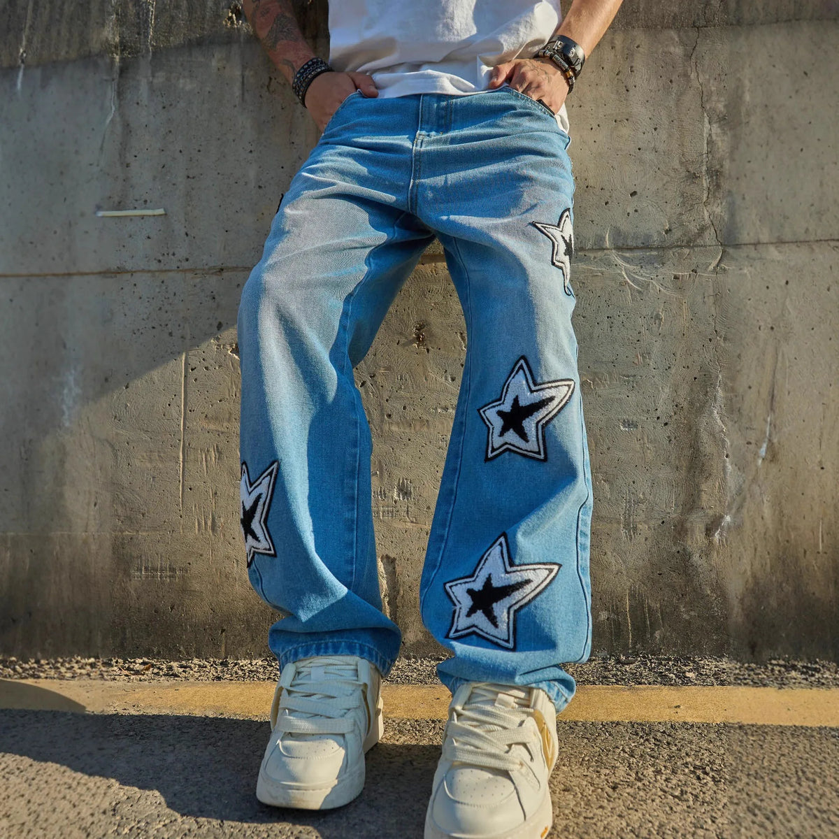 Jean Droit Loose Homme Casual Tendance Denim Stretch Gris & Bleu Washed | XS-XXL