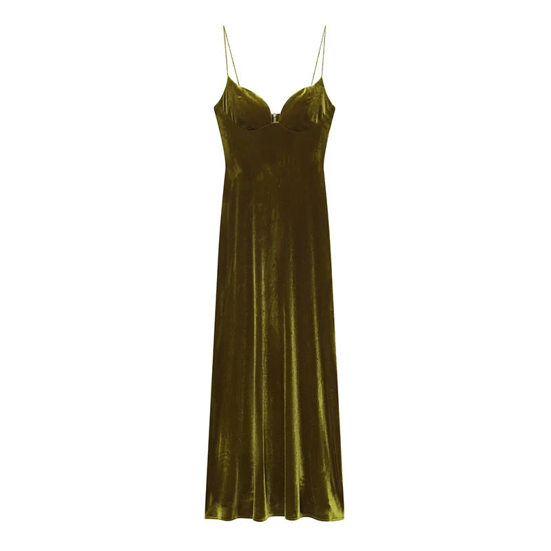 Robe Longue Velours Vert Bouteille – Dos Nu, Bretelles, Coupe A-Line Élégante
