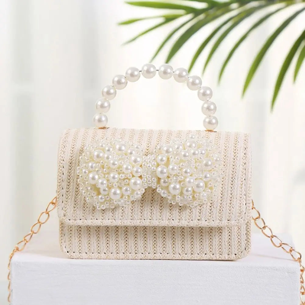 Summer Simple Straw Bag Pearl Bowknot Messenger Bag Fashion Holiday Crossbody Bag Women
