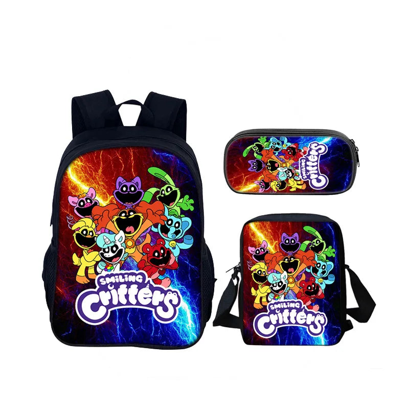 3pcs Set Smiling Critters School Bag 40cm/15.7inch Backpack Shoulder Bag Pencil Case Computer Book Bags for Boys Girls Best Gift