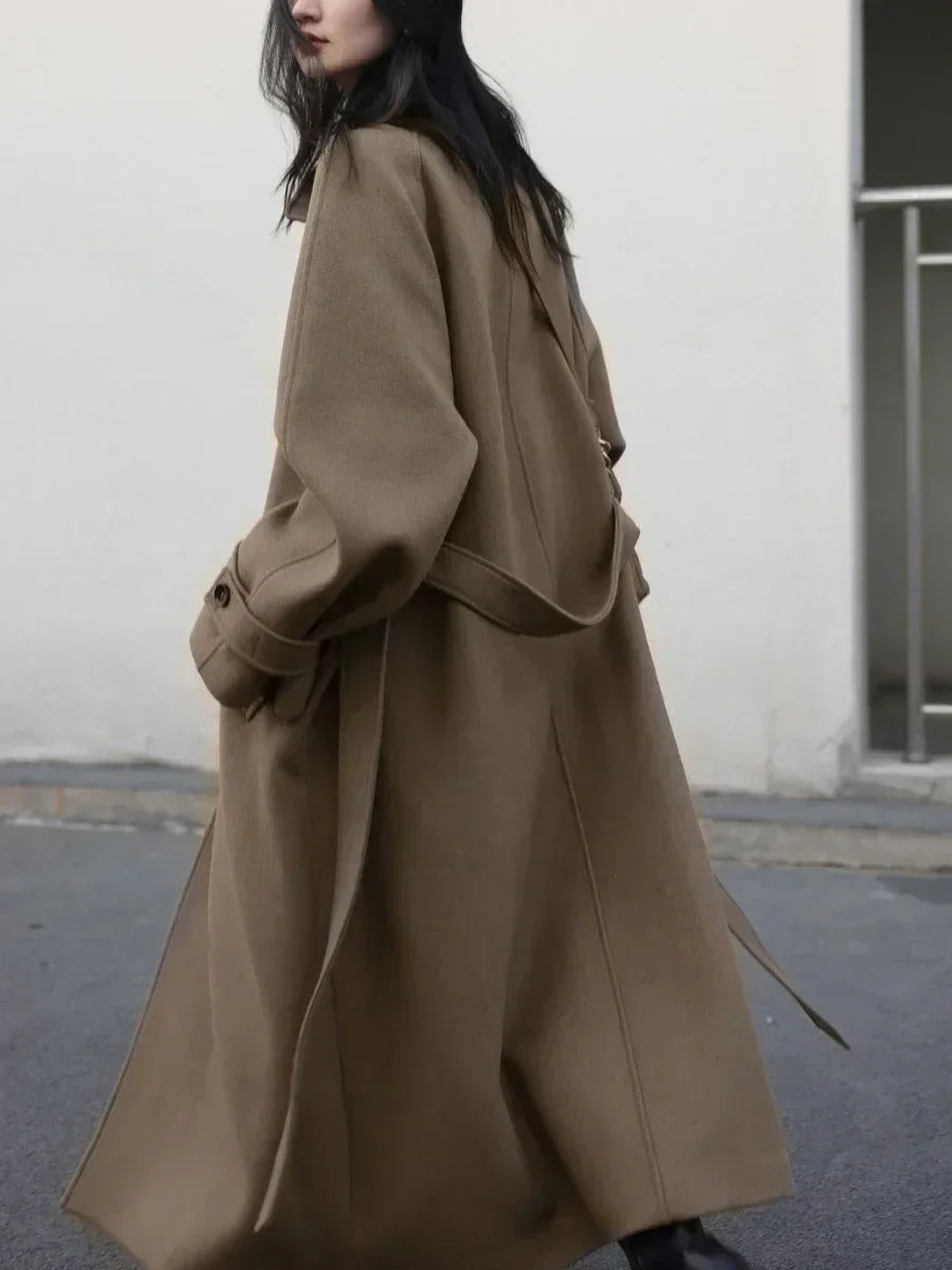 Long Manteau Trench en Laine Femme – Col Montant, Ceinture Lacets, Manches Raglan