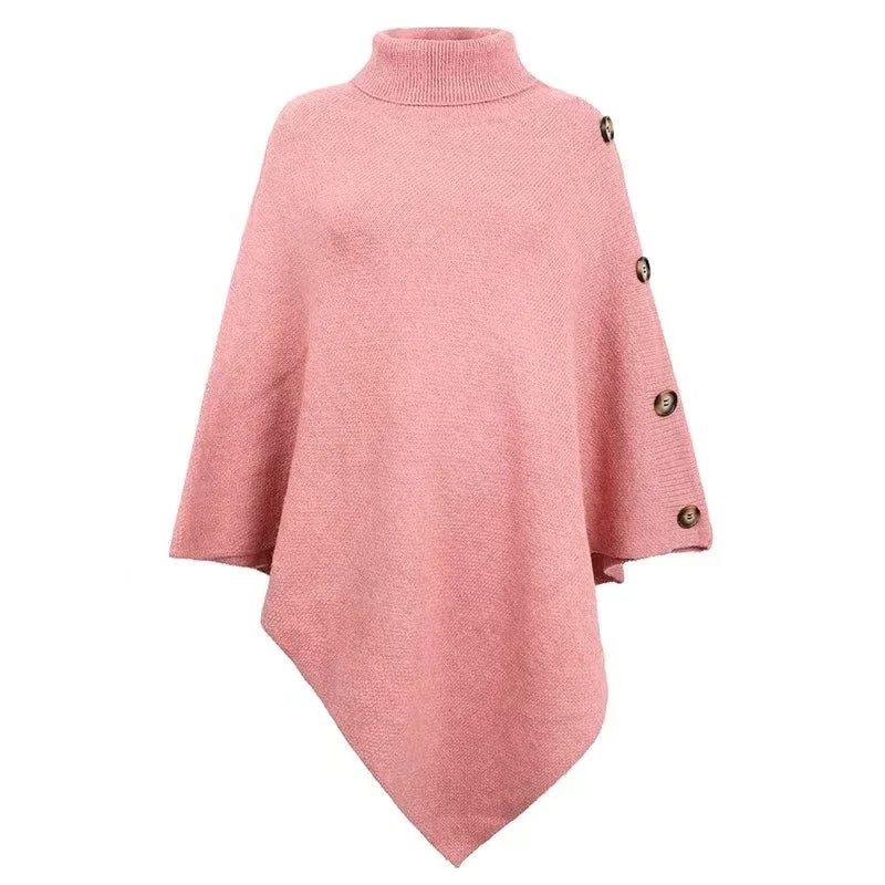 2025 Autumn Winter Shawl Cloak Sweater Solid Color Turtleneck Oversized Cape Coat Female Ponchos Pullover Knitted Bat Sleeve Top