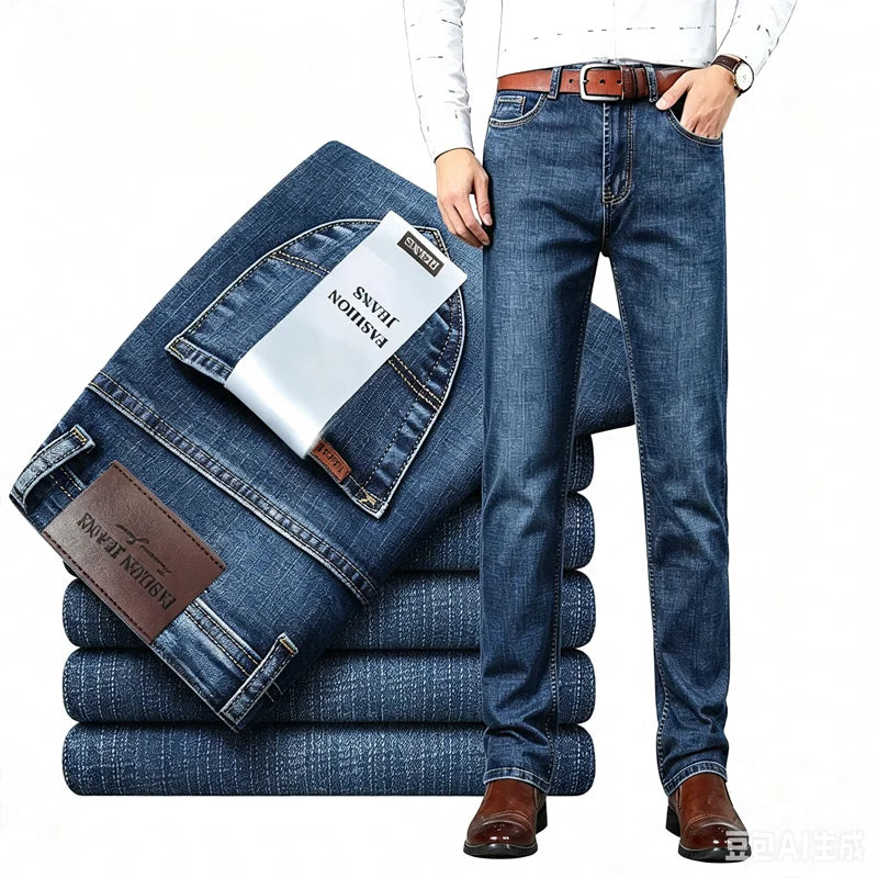Jean Business Casual Homme Taille Haute Lavé – Coupe Slim Droite Toutes Saisons