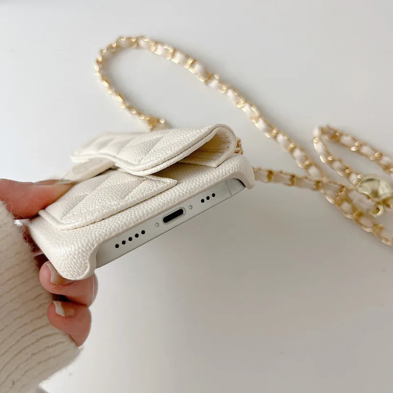 Coque iPhone Cuir PU Texture Litchi – Portefeuille, Bandoulière & Porte-Carte