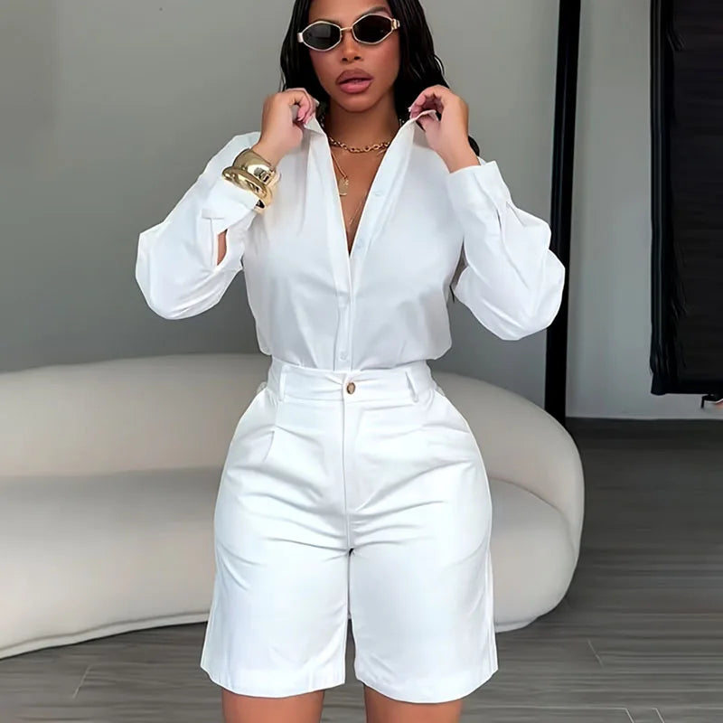 Doyerl Solid Elegant Fashion Zweiteiliges Set Damenbekleidung Lässiges Langarmhemd Top und Shorts passende Sets Ensembles Femme