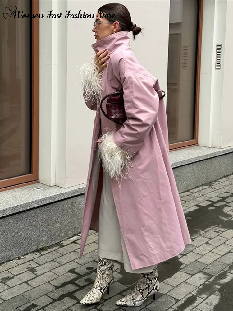 High Street Stand Collar Long Windbreakers 2026 Autumn New Ladies Solid Single-breasted Full Sleeve Trench Coat Women's Outwear