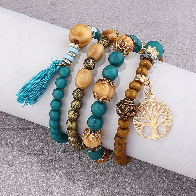 Set Bracelets Femme Bohème Arbre de Vie – Perles Bois & Glands