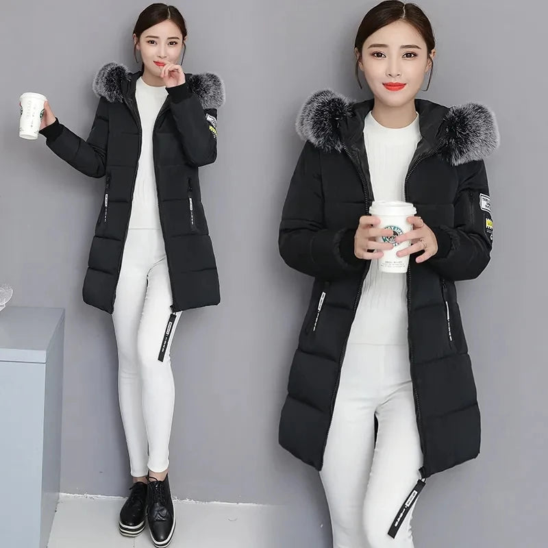2026 Winter New Korean Cotton Jacket Women's Medium Long Big fur collar Coat Female Cotton Thicken Warm Hooded Parker Overcoat