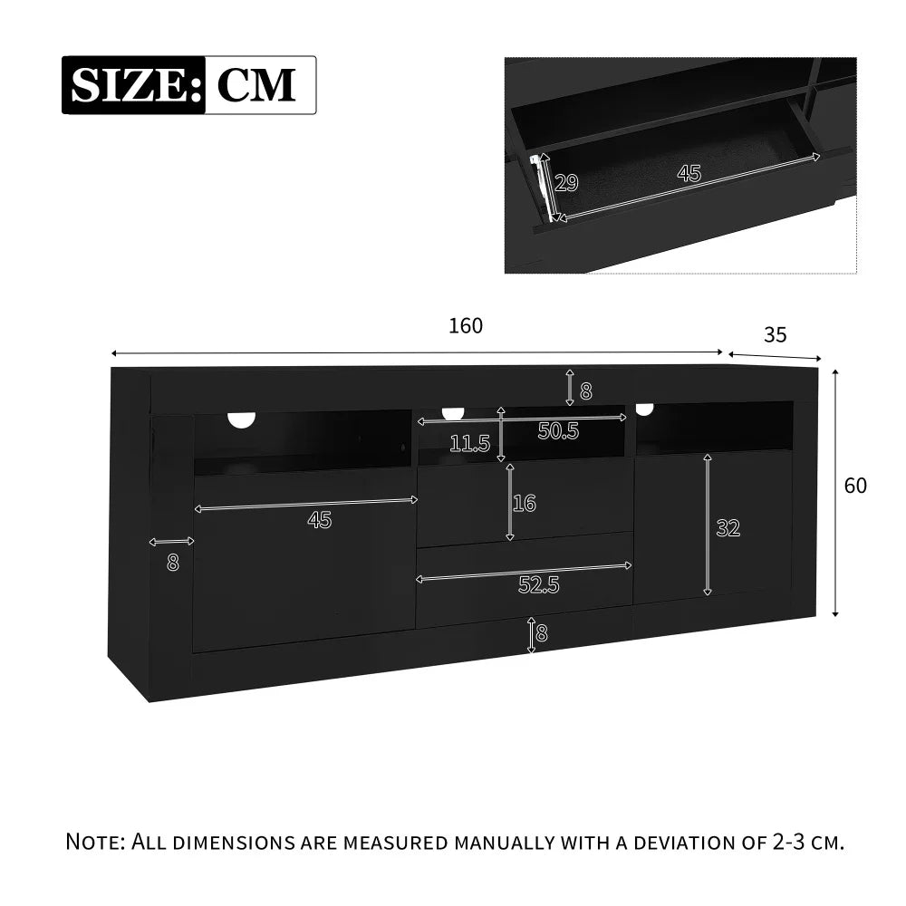 Meuble TV Haute Brillance LED 160x35x60 cm – 3 Niches | 2 Portes | 2 Tiroirs | TV 70" | App Bluetooth