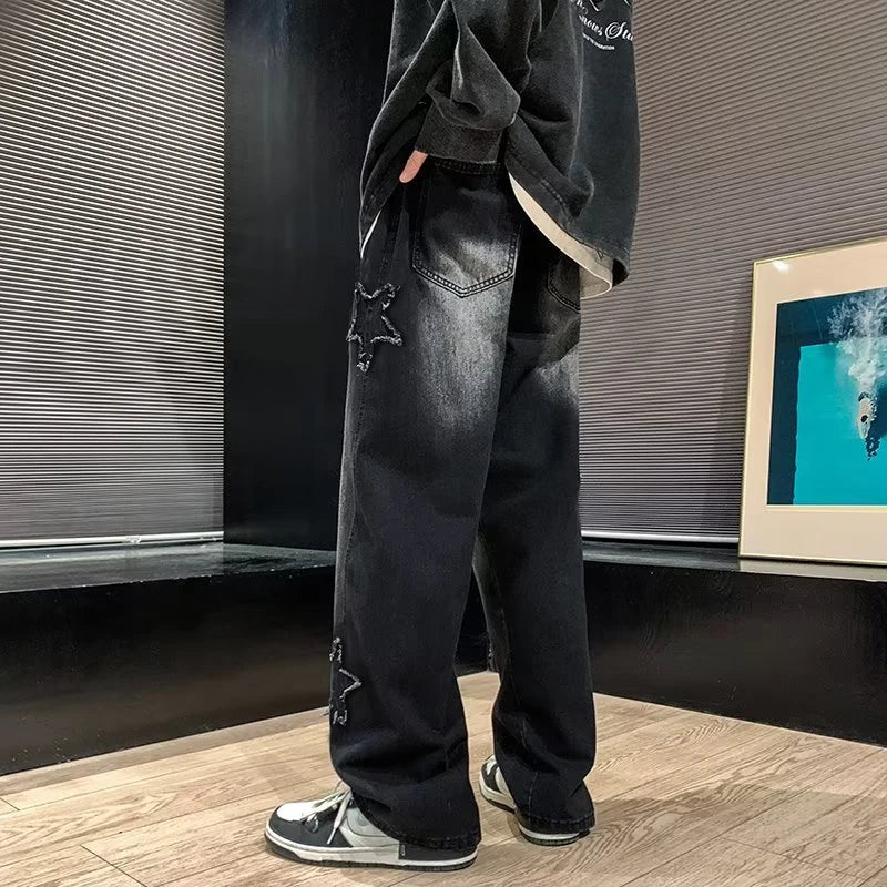 Men's Loose Straight Jeans with Star Embroidery Y2K Gothic Streetwear 2 Colors | Asia S-3XL
