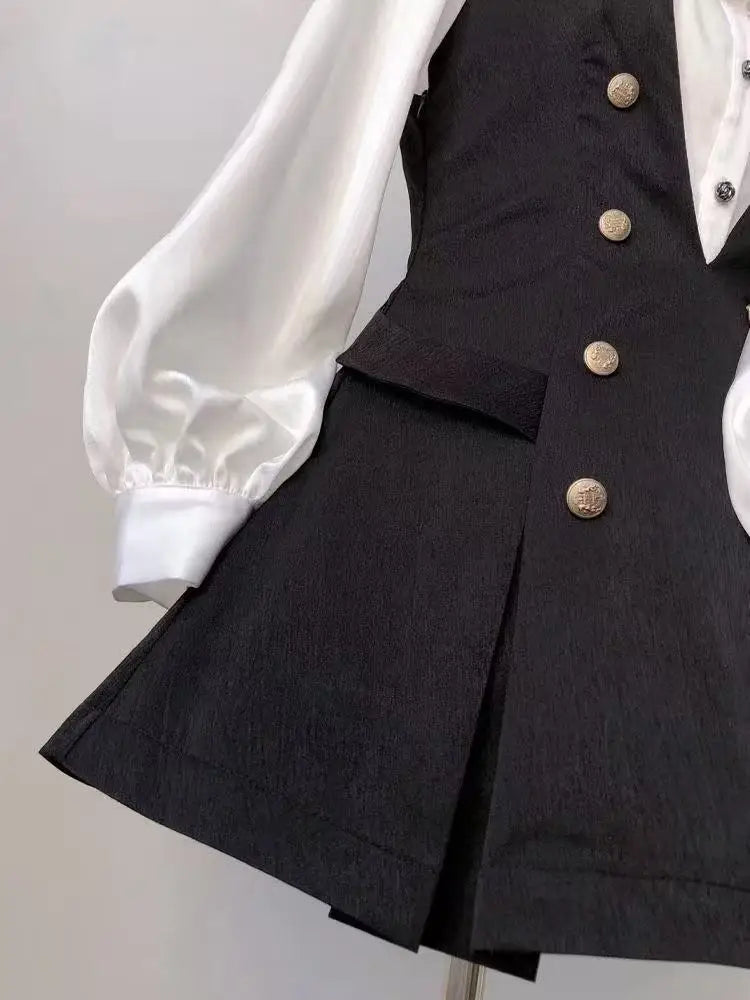 Ensemble 3 Pièces Harajuku Rétro Chic – Chemise à Manches Bouffantes, Gilet & Mini Jupe Femme