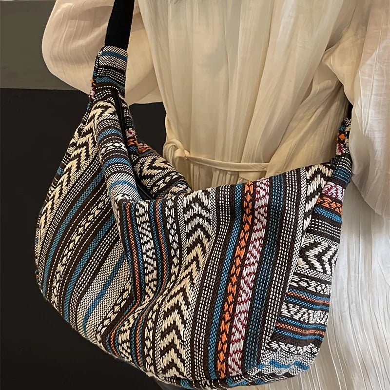 Tribal Style Shoulder Bag, Foldable Crossbody with Zipper Closure, Striped Pattern, Flag Theme Hand Washable Edge Painted Lining