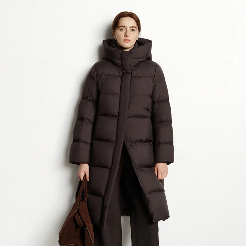 Doudoune Longue Femme Imperméable à Capuche – Duvet de Canard 90%, Coupe Ample, Hiver 2025