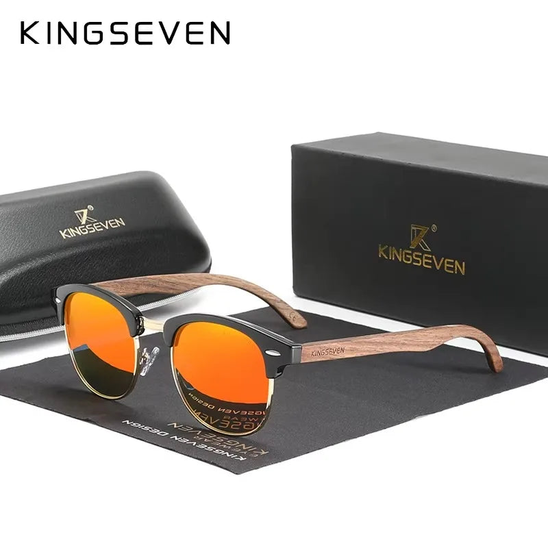 Lunettes de Soleil KINGSEVEN Bois Noyer Rondes Polarisées UV400 – Homme & Femme
