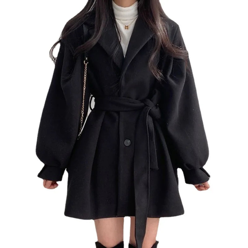 Manteau en Laine Femme – Veste Chic Manches Ballon, Col Tailleur & Laçage Vintage