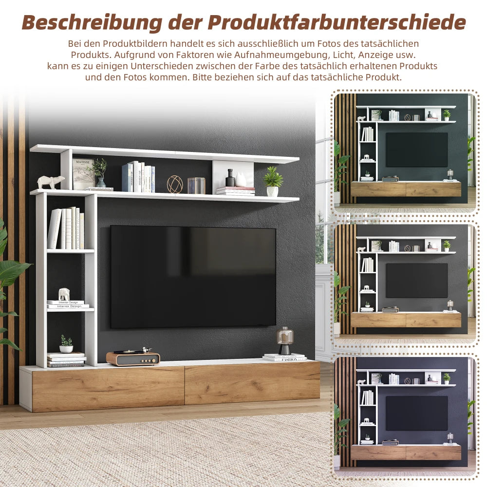 Ensemble Mural TV 3 Pièces 180x35x22,5 cm – Meuble TV + Étagère Verticale + Étagère Horizontale | Blanc & Chêne