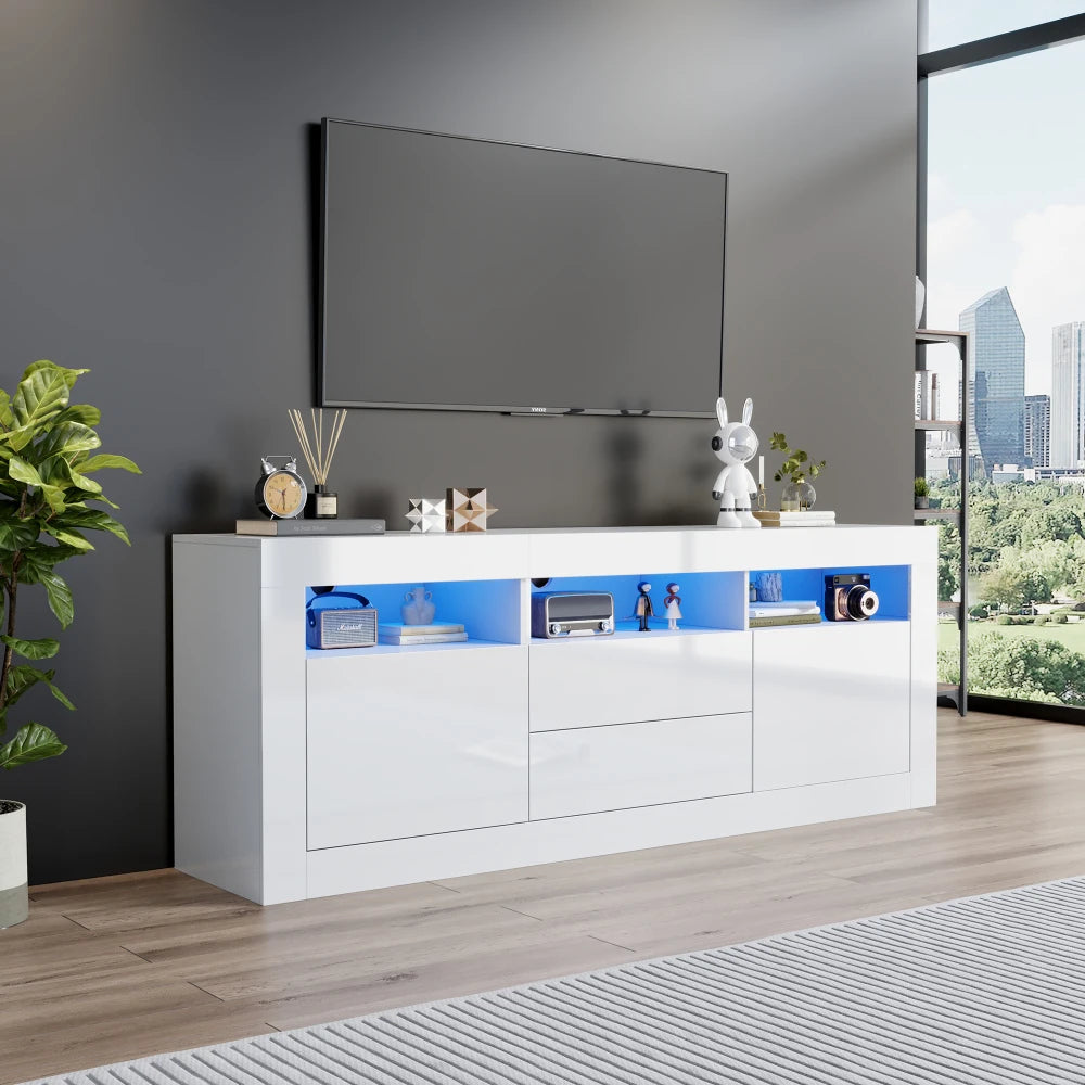 Meuble TV Haute Brillance LED 160x35x60 cm – 3 Niches | 2 Portes | 2 Tiroirs | TV 70" | App Bluetooth