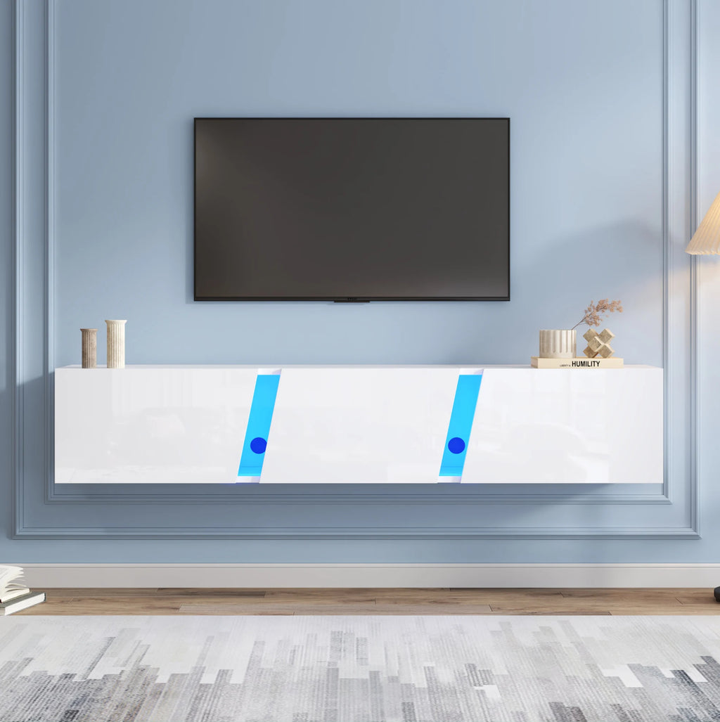 Meuble TV Mural 180x35x30 cm Blanc Haute Brillance – LED App | 3 Portes Soft-Close | Acrylique | TV 75"