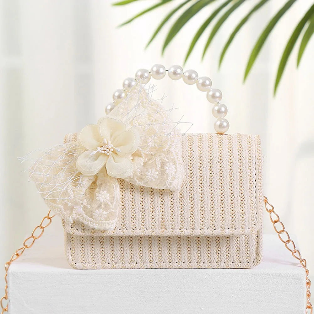 Summer Simple Straw Bag Pearl Bowknot Messenger Bag Fashion Holiday Crossbody Bag Women