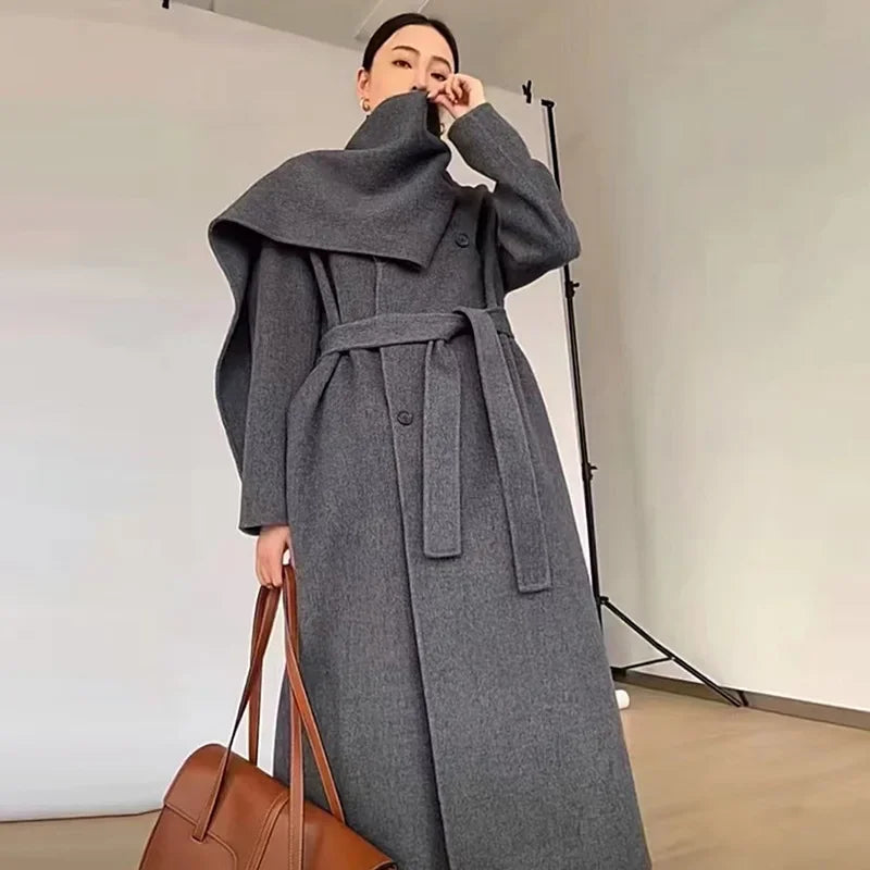 Manteau en Laine Cachemire Cousu Main – Col Écharpe, Coupe Ample, Mi-Long