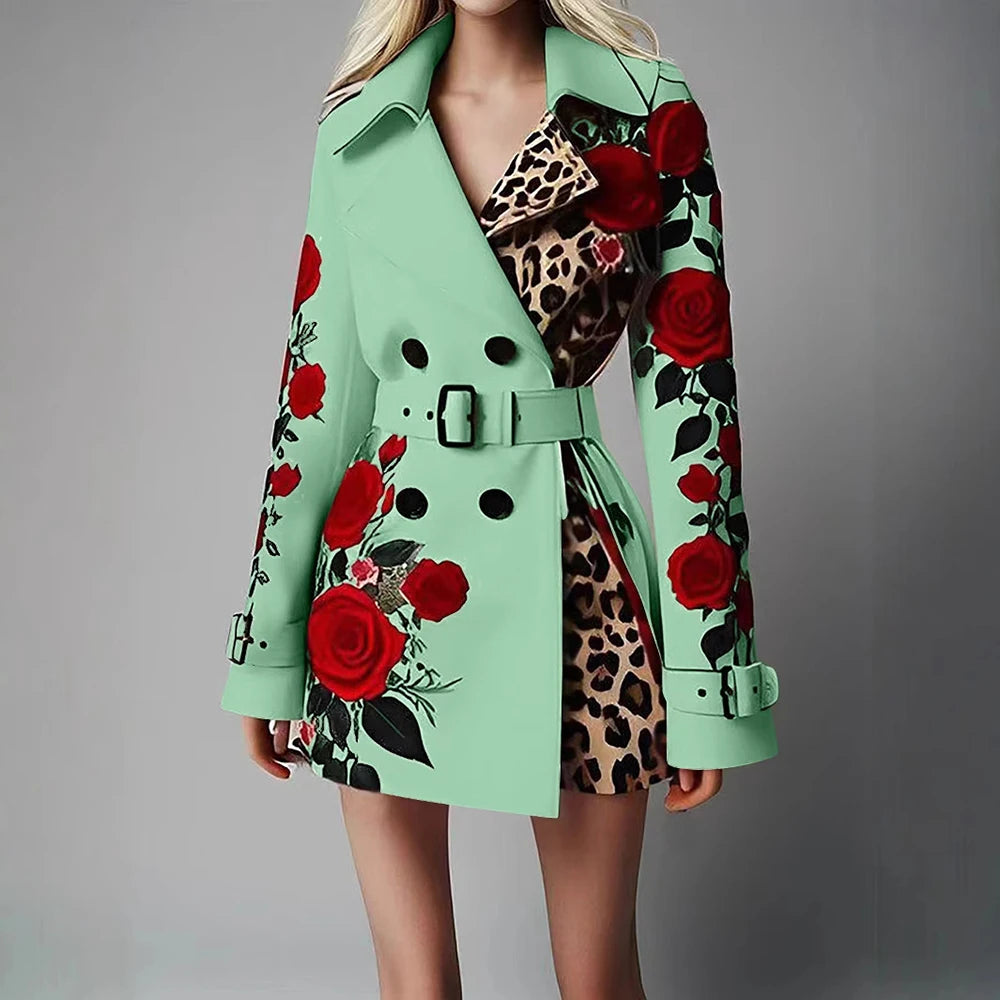 Women's Chic Trench Coat Red Rose Leopard Print Double Breasted Belted Lapel Long Sleeve Casual Outerwear Winter Female Jackets