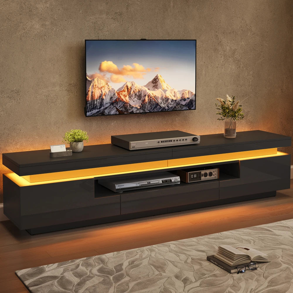 Meuble TV Haute Brillance LED 175x38x45 cm – 2 Armoires + 1 Tiroir | TV 75" | Noir ou Blanc | Salon