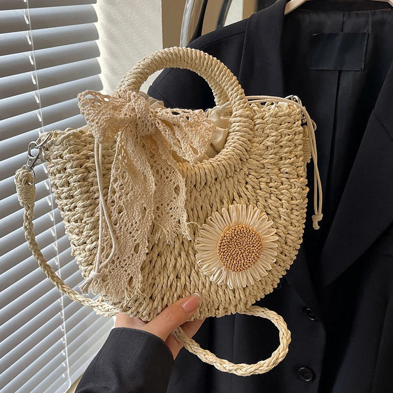 Sac de Plage Femme Yogodlns – Paille Rotin Tressé Main Demi-Lune, Nœud & Ruban, Style Bohème, 2 Coloris