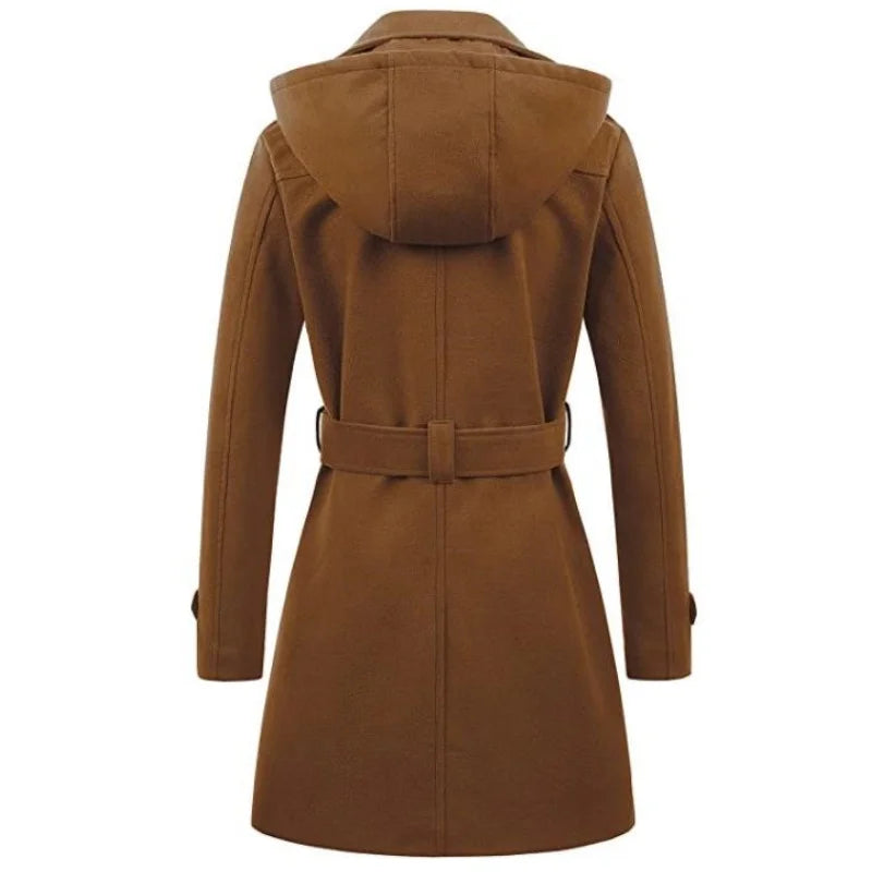Damen-Midimantel mit Kapuze – Zweireihige Jacke in Wolloptik, Streetwear-Winterstil