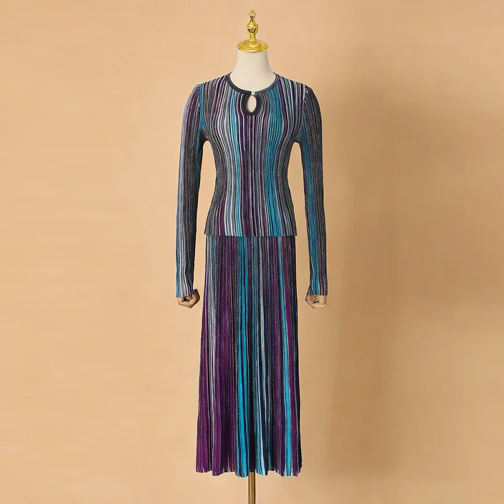VGH Elegantes, stylisches, gestreiftes Strick-Zweiteiler-Set für Damen, schlankmachende Langarmpullover, plissierter Rock für Cocktailpartys