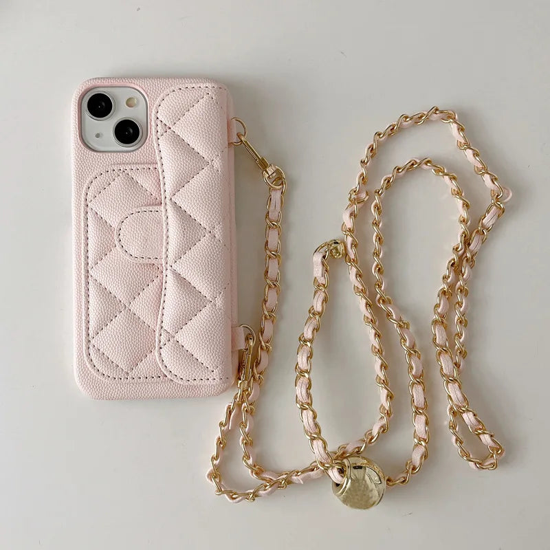 Coque iPhone Cuir PU Texture Litchi – Portefeuille, Bandoulière & Porte-Carte