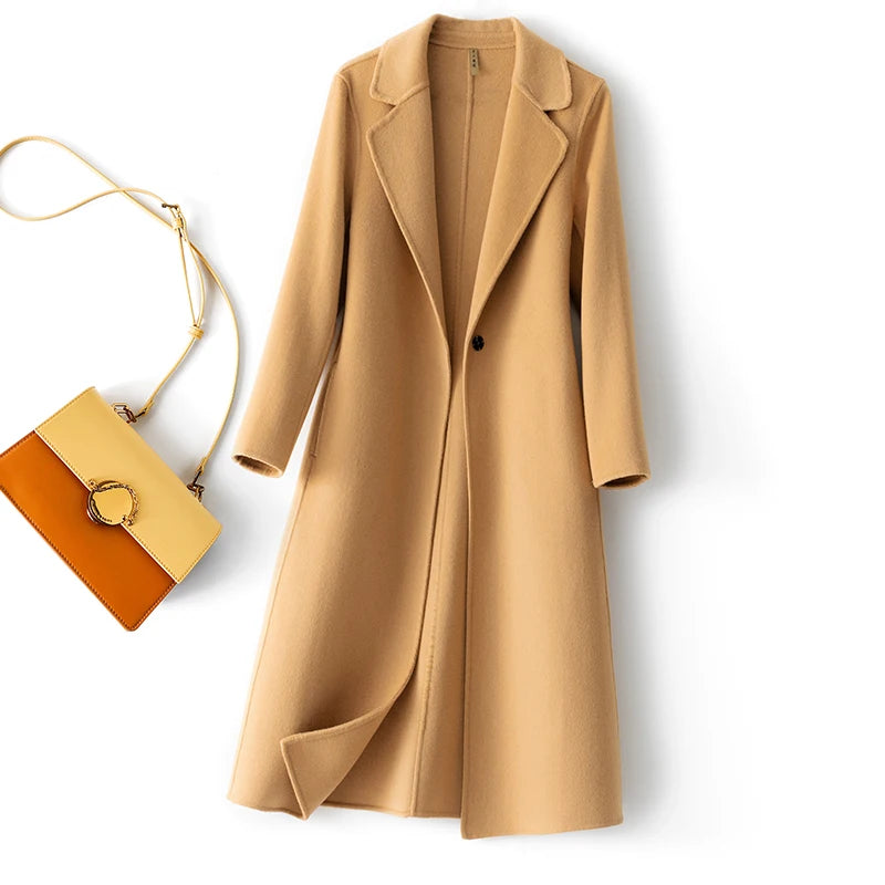 Fashionable Simple Women's Coat Autumn and Winter New One Button 100% Pure Wool Reversible Woolen Coat Long Wild Women's Top