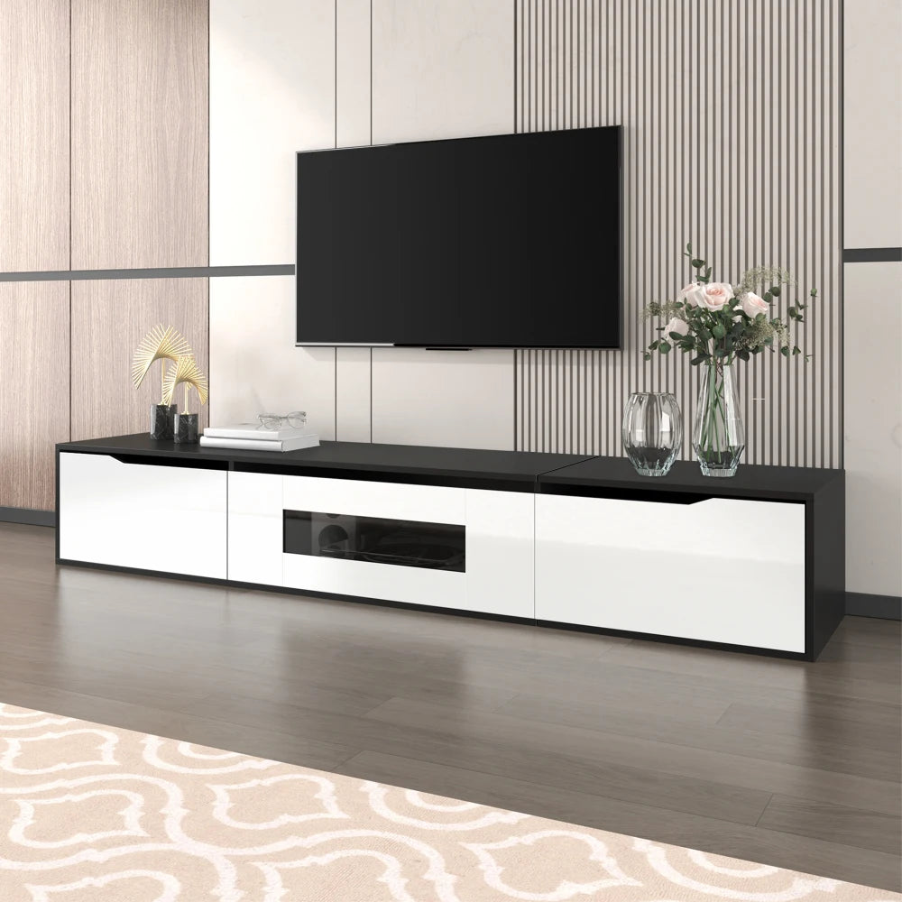Meuble TV Haute Brillance 180x35x30 cm – LED 16 Couleurs USB | Mural ou Sol | Noir & Blanc | 60 kg