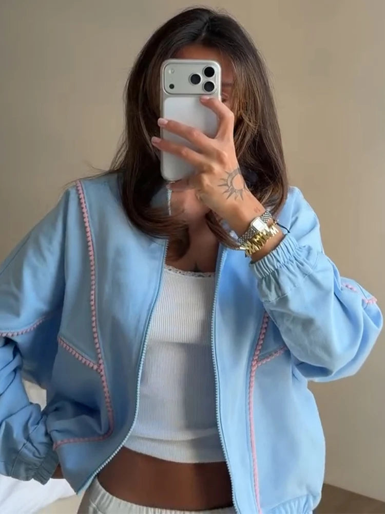 Stand Collar Zip Up Denim Bomber Jacket Elastic Cuff Long Sleeve 2026 Summer Women Outerwear Versatile Fashion Lady Chaqueta