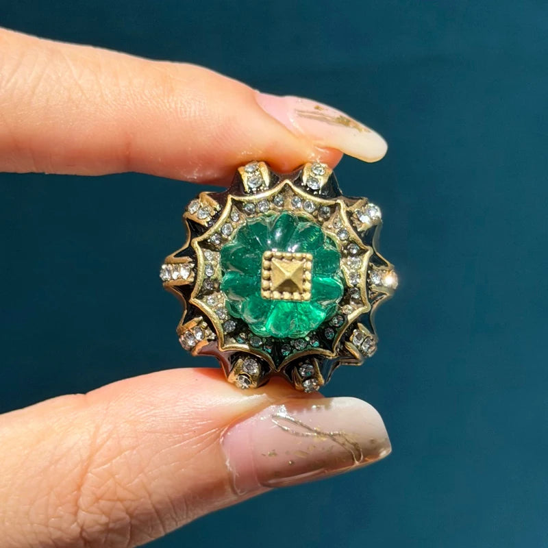 Bague Vintage Résine Verte Citrouille – Bijou Cocktail Doré pour Femme