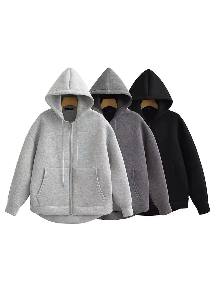 Veste à Capuche Zippée Oversize Femme – Poches Doubles, Style Streetwear