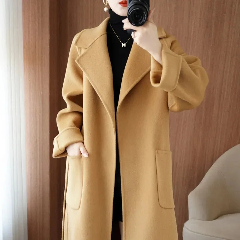 LANMREM Popular 2025 High End Water Ripple Double-sided Wool Coat Women Long Bathrobe Style Autumn Winter Coat For Female 2A462