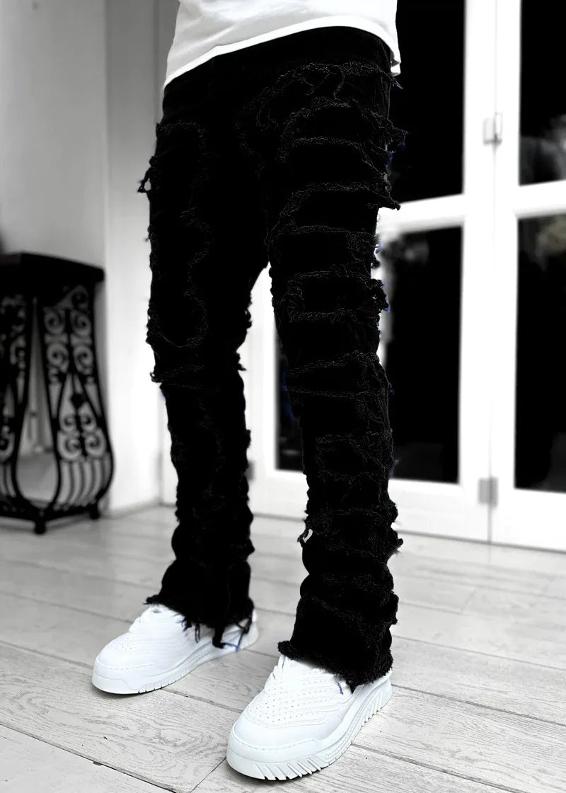Jean Slim Stacked Homme Ripped Distressed Hip-Hop Streetwear 9 Coloris S-XXL