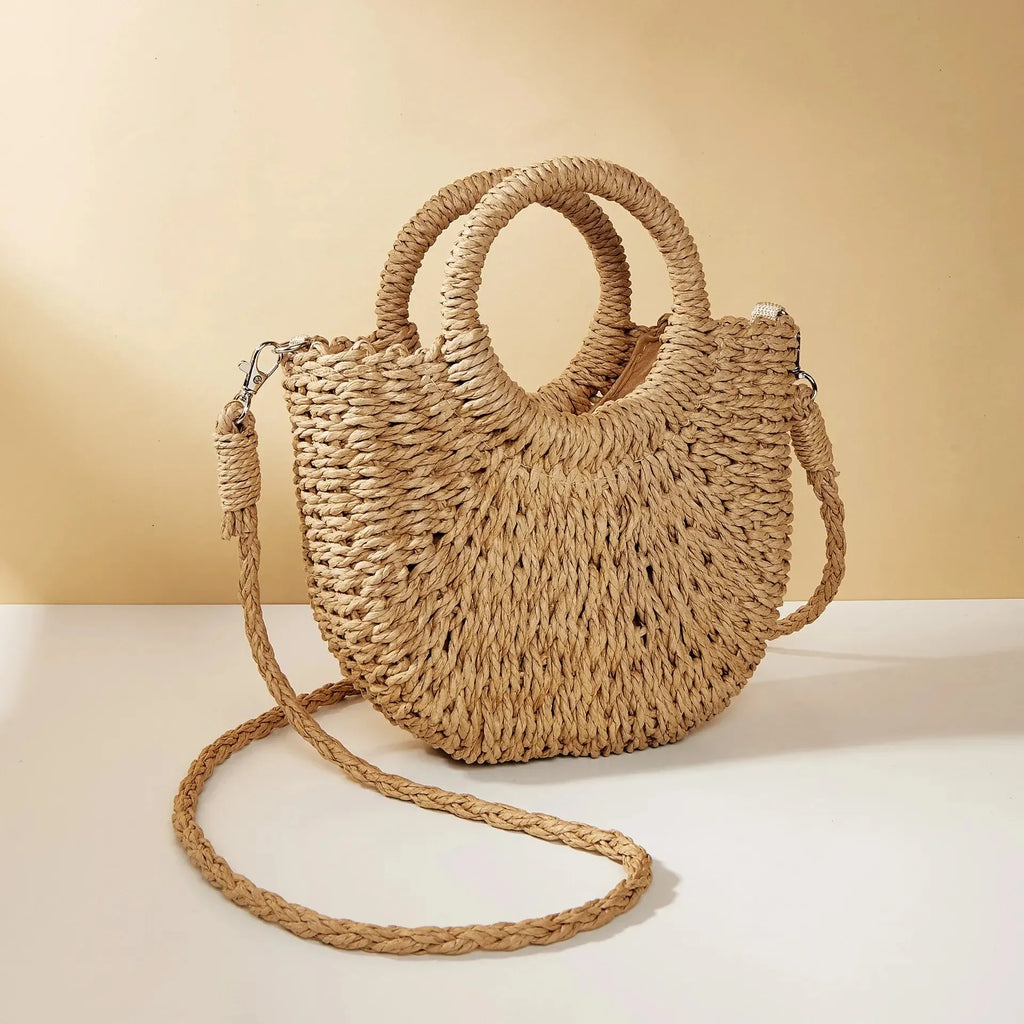 Sac de Plage en Paille Tressée Demi-Lune – Grande Capacité, Bandoulière & Épaule