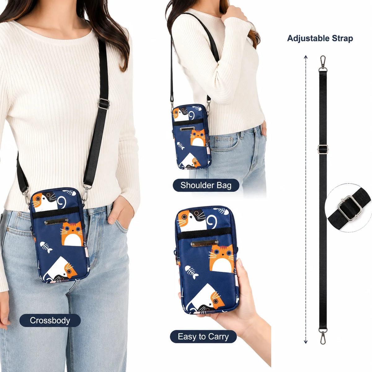 Mini Sac Bandoulière Téléphone Femme – Imprimé Chat & Motifs