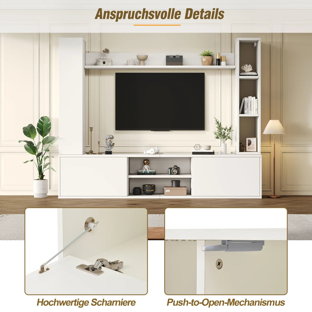 Ensemble Mural TV 4 Pièces 180x35x33,5 cm – Meuble TV + 2 Vitrines + Étagère | Blanc | Salon