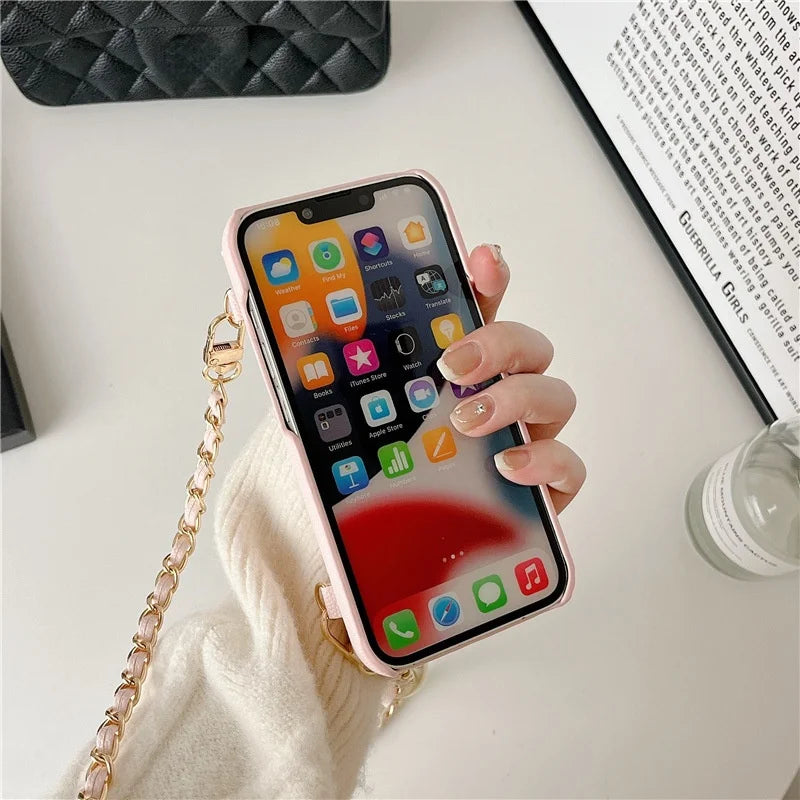 Coque iPhone Cuir PU Texture Litchi – Portefeuille, Bandoulière & Porte-Carte