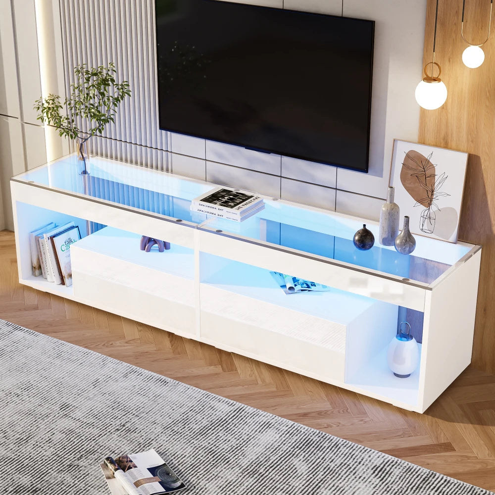 Meuble TV LED Haute Brillance 180x40x46 cm – Verre Trempé | 2 Tiroirs | TV 70" | Blanc ou Noir