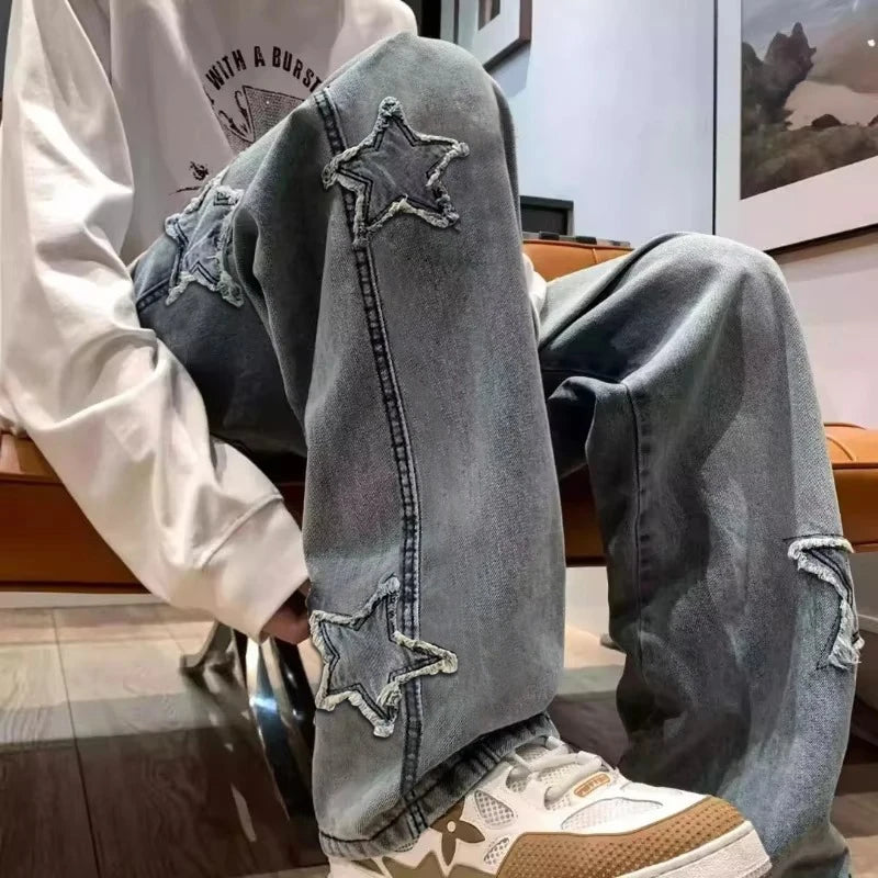 Jean Loose Straight Homme Broderie Étoiles Y2K Gothique Streetwear 2 Coloris | Asia S-3XL