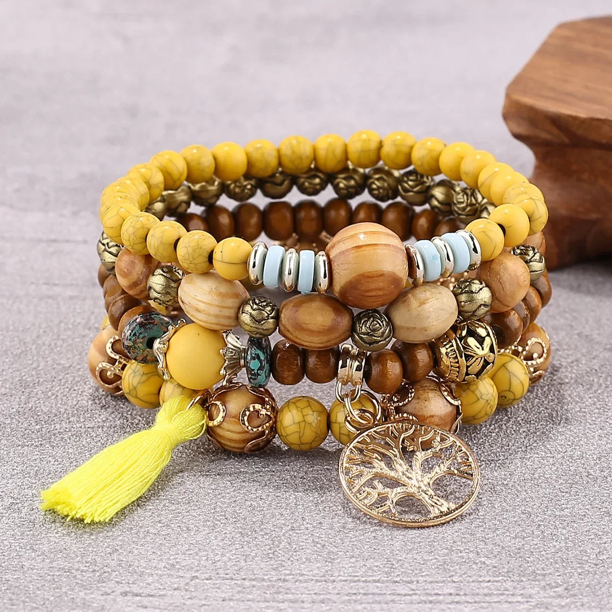 Set Bracelets Femme Bohème Arbre de Vie – Perles Bois & Glands