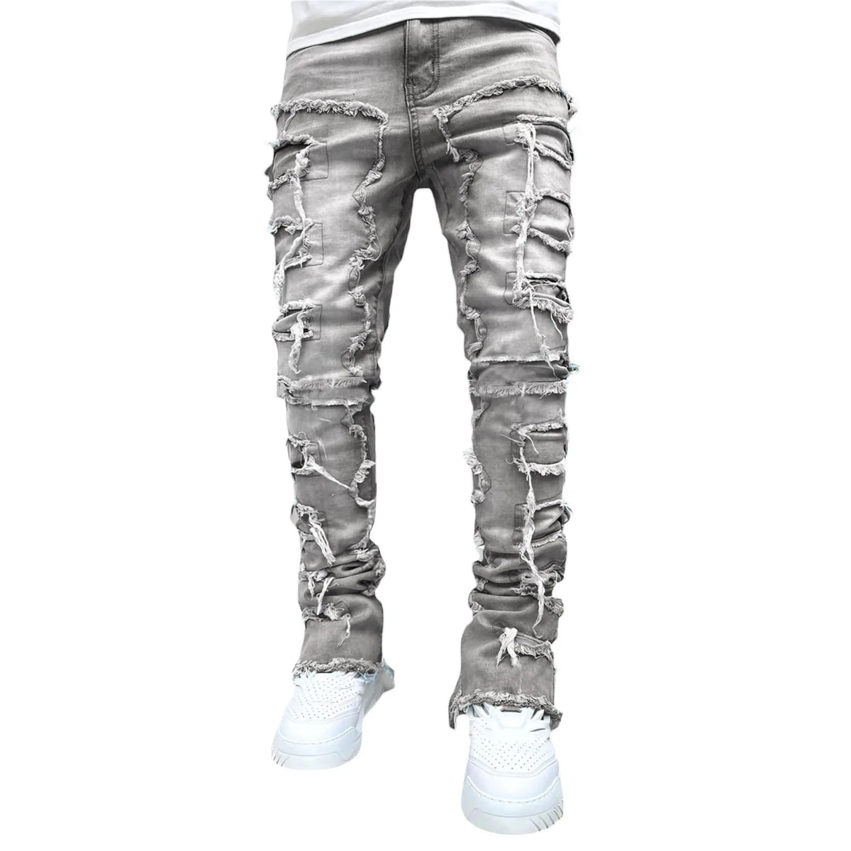 Jean Slim Stacked Homme Ripped Distressed Hip-Hop Streetwear 9 Coloris S-XXL